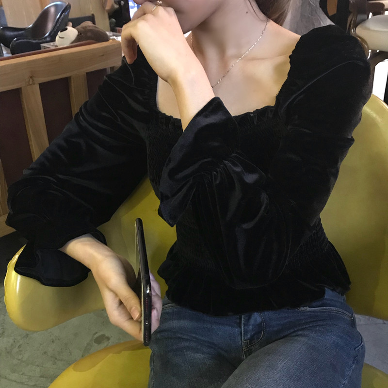 SUXI Áo trễ vai cỡ lớn nhung màu đen cổ vuông thời trang quyến rũ cho nữ