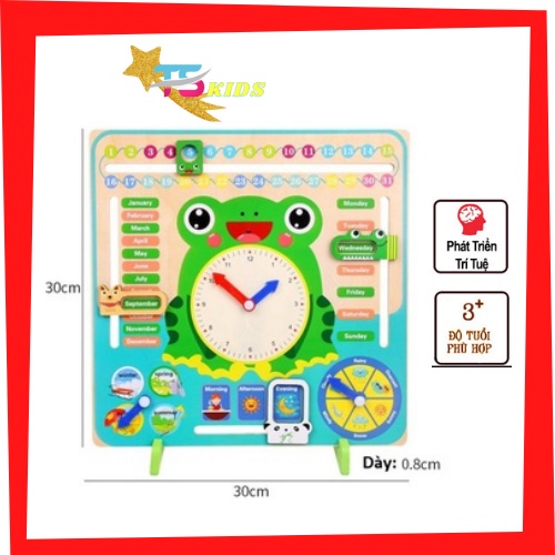 Đồng hồ gỗ con ếch xanh lịch đa năng 7 trong 1 học Tiếng Anh cho trẻ đồ chơi an toàn cho bé TS Kids Shop