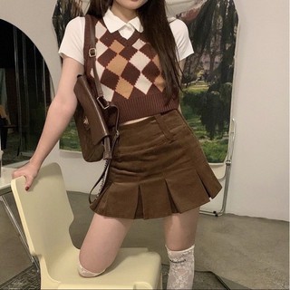 [có sẵn]Set áo gile croptop và chân váy màu nâu vintage, phong cách highteen hot trend Chaiko Studio