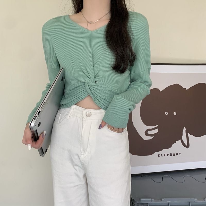 Áo sweater ZHELIHANGFEI tay dài cổ chữ V eo cao quyến rũ dễ phối đồ