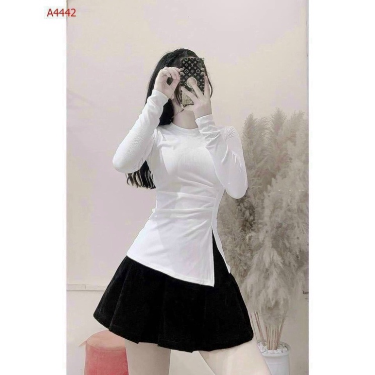 Áo Thun Lụa Xẻ Tà Ôm Body Kiểu Dáng Hàn Quốc Tay Dài Ulzzang hot hit Vạt Chéo Trễ Vai Dài Tay C030 !