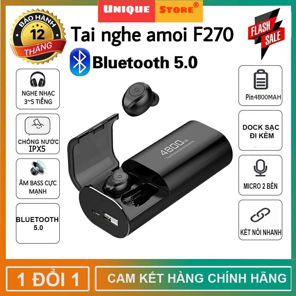 ✷Tai nghe Bluetooth AMOI F270 Nút Bấm kiêm pin sạc sự phòng 4800mAh, chống nước, micro thoại, pin trâu - Tai nghe nh