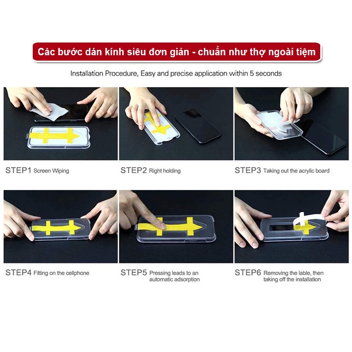 Kính cường lực iphone khung dán tự động, tự dán tại nhà cực dễ dàng, viền đen mỏng, chống bám bụi khi dán -Panda Case