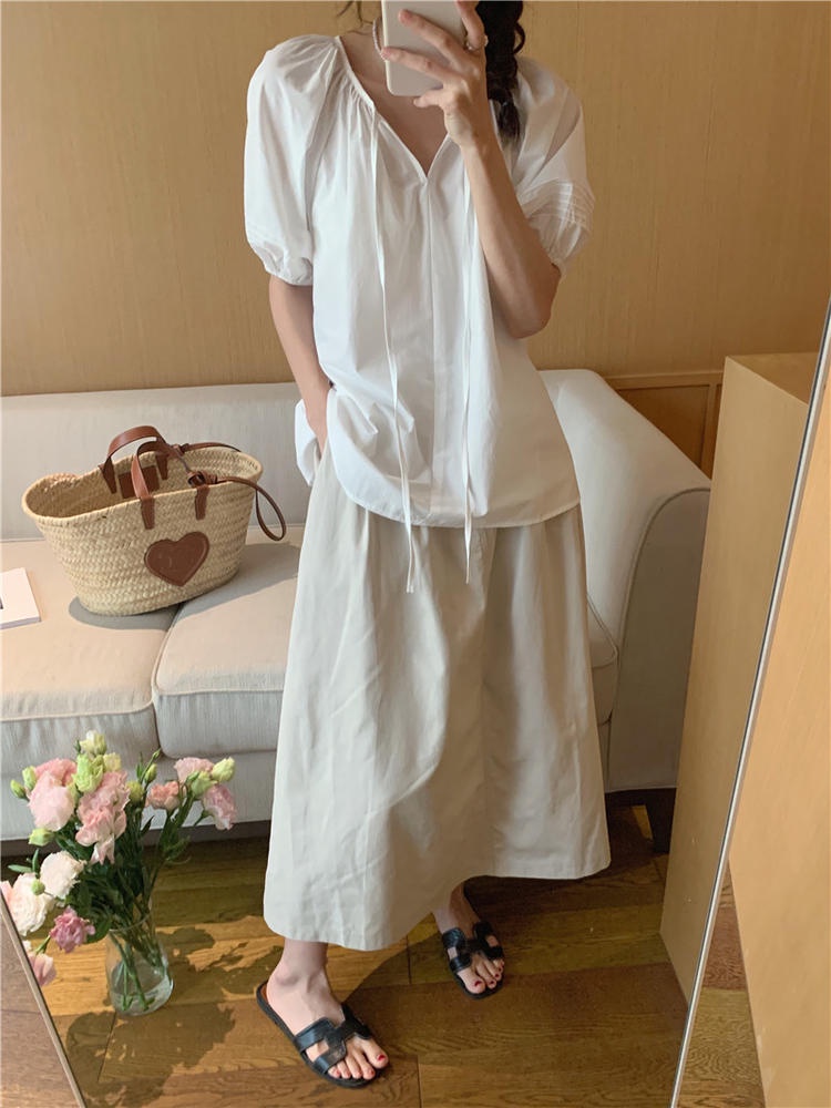 Áo Sơ Mi Tay Ngắn Cột Dây Màu Trắng Trơn Thoải Mái Thời Trang Mùa Hè 50916