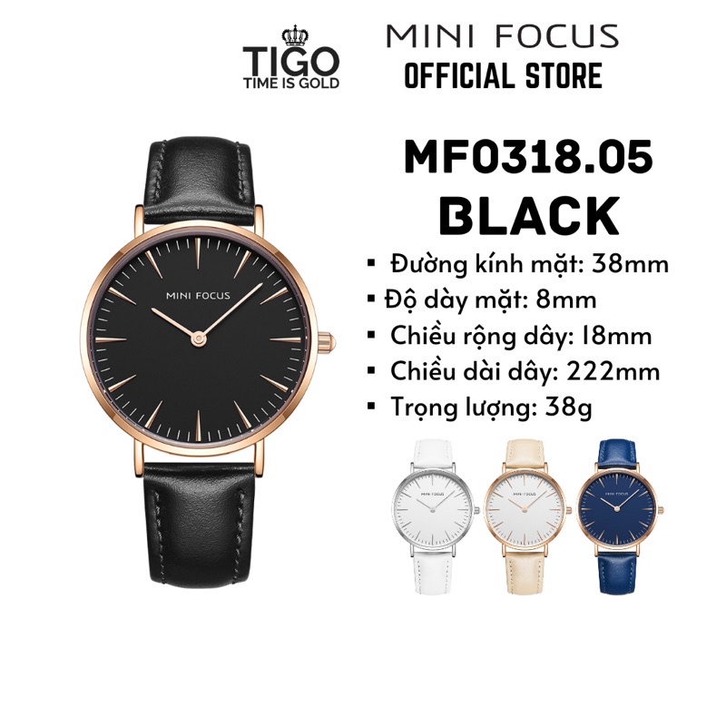 Đồng hồ nữ MINI FOCUS MF0318L.05 dây da thật màu đen viền thép không gỉ màu vàng 2 kim hàng chính hãng cao cấp Nhật Bản