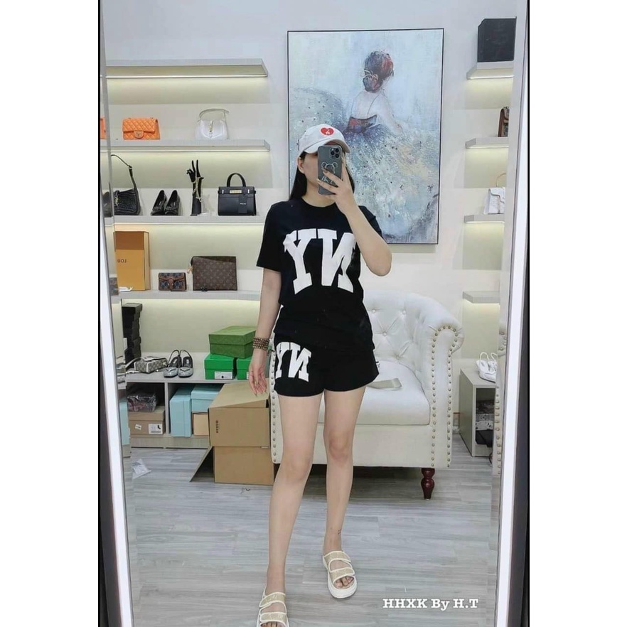 Đồ bộ nữ chữ  N. Y 2 màu đen than áo thun cộc tay phối quần short chất cotton 4 chiều