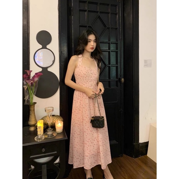 Đầm midi hoa nhí cổ yếm retro tiểu thư phong cách Pháp, váy midi hoa nhí cổ yếm