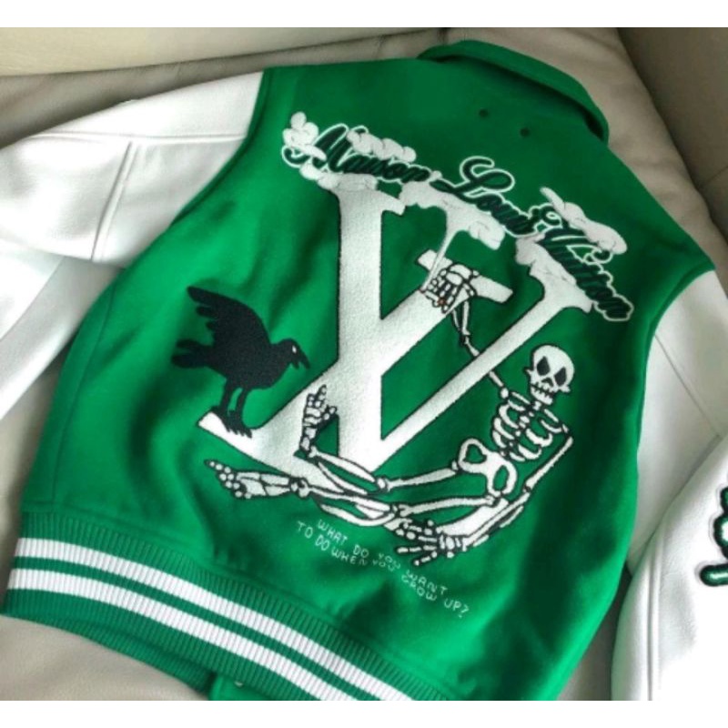 Áo varsity jacket LV Luôn Vui Tươi SS21 màu xanh bản cao cấp, Áo khoác bóng chày nam nữ LV thêu hình