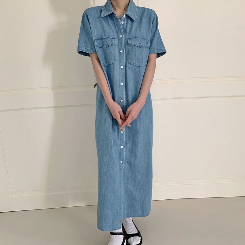 Đầm sơ mi demin dáng dài kèm belt