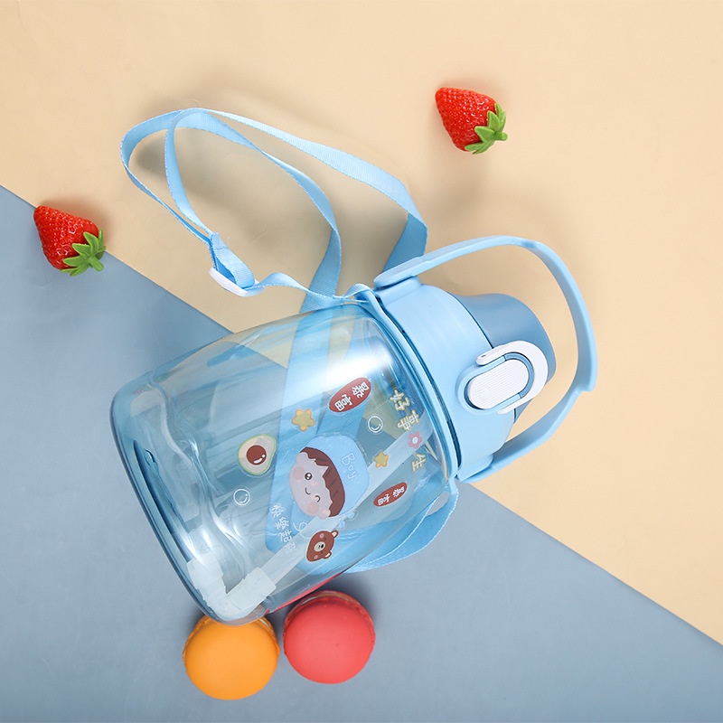Bình đựng nước 1.3L loại trong suốt có dây đeo, ống hút và sticker trang trí (BNT13)