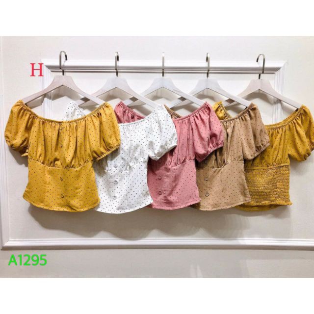 Áo bẹt vai tay phồng chấm bi croptop ulzzang trễ vai ảnh thật kế