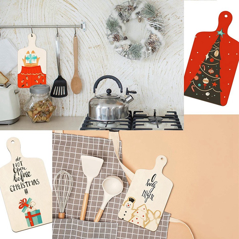 Set 6 Thớt Gỗ Mini Hình Chữ Nhật Có Tay Cầm Dùng Cắt Thực Phẩm Dịp Giáng Sinh