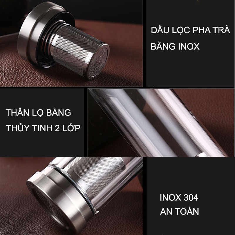 Bình lọc pha tra giữ nhiệt thủy tinh 2 lớp 2 đầu bằng inox