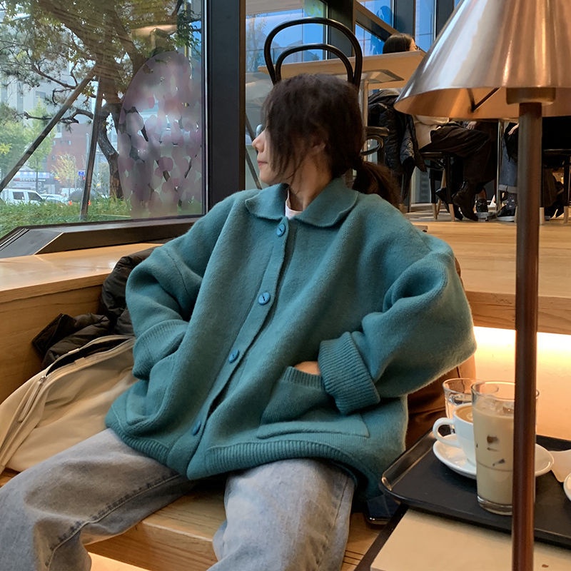 Áo khoác cardigan dệt kim dày dáng rộng phong cách retro Hàn Quốc mới