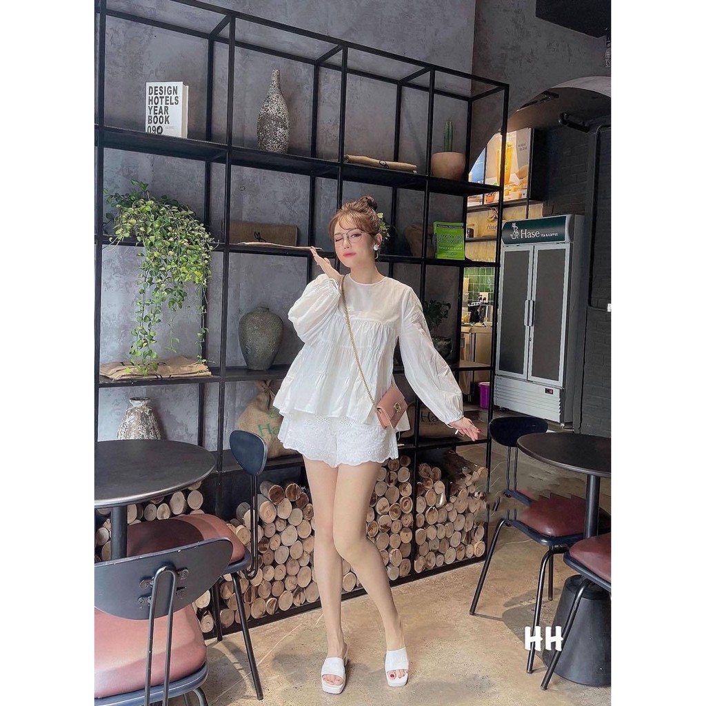 Áo babydoll dáng xòe tiểu thư áo kiểu dáng xòe cài cúc sau tay dài siêu xinh AN01