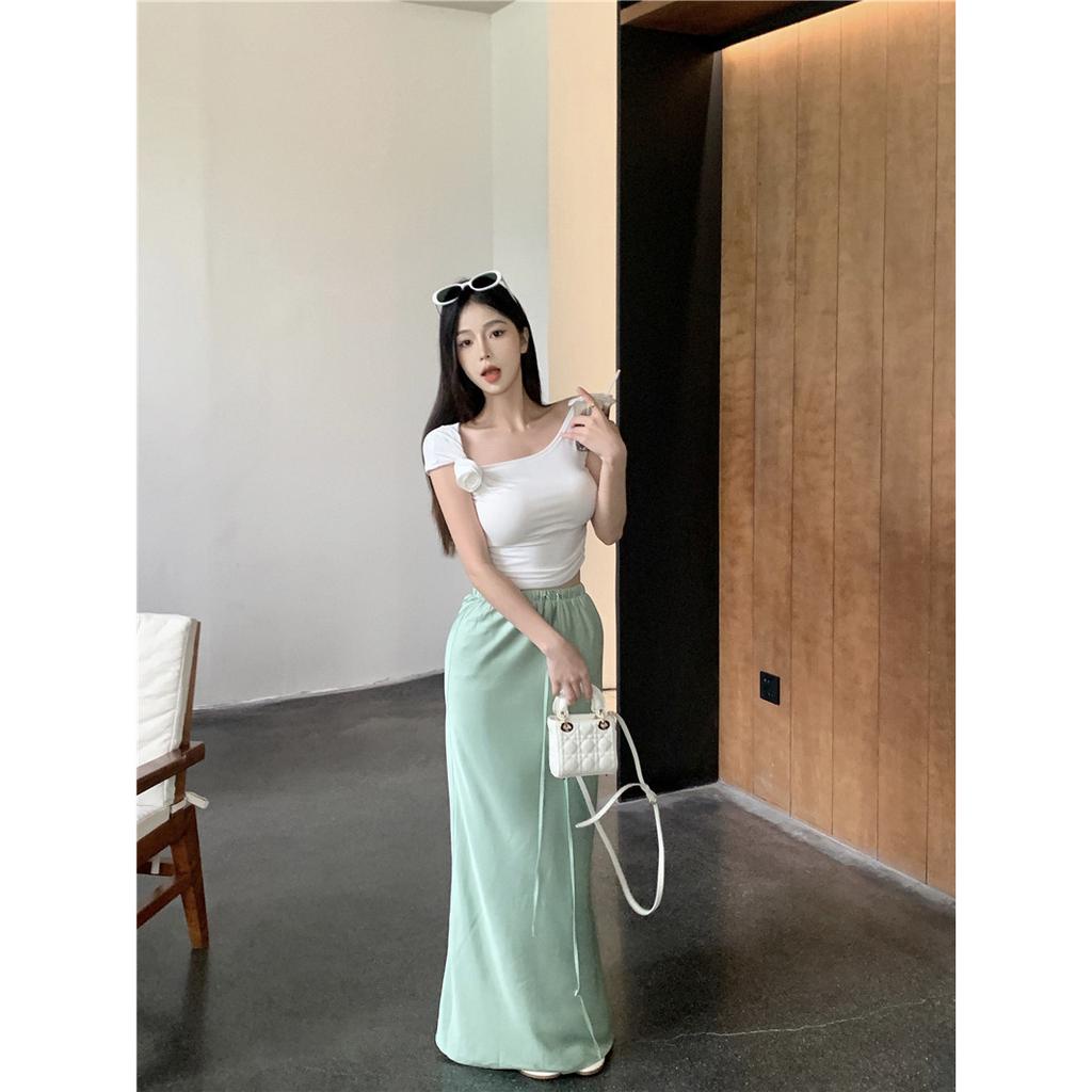 Áo Thun Croptop Dệt Kim Trễ Vai Màu Trơn Dáng Ôm Thời Trang Mùa Hè Xinh Xắn Cho Nữ