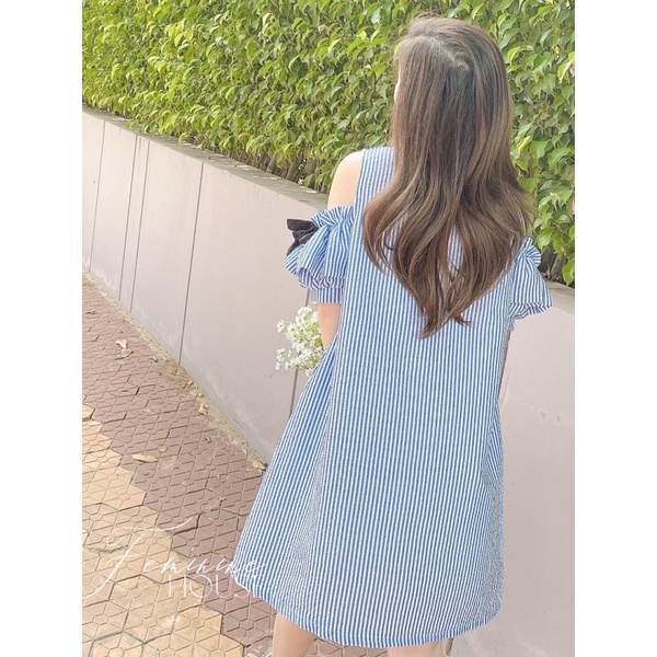 Đầm Rớt Vai Tay Nơ, đầm kẻ sọc, đầm suông xinh xắn, diện hè, đầm sọc phom suông.