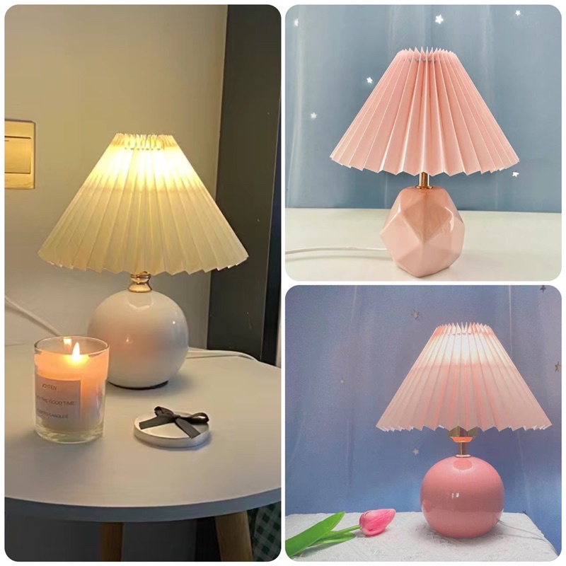 Đèn Ngủ Để Bàn Gốm Sứ Thân Tròn Lồng Xếp Ly Phong Cách Bắc Âu SB012