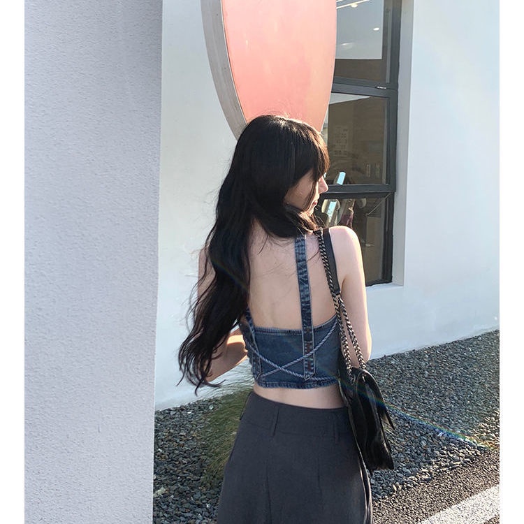Áo Hai Dây Denim Eo Cao Buộc Dây Phong Cách Hàn Quốc Gợi Cảm Cho Nữ Mặc Ngoài Trời Mùa Hè Mới