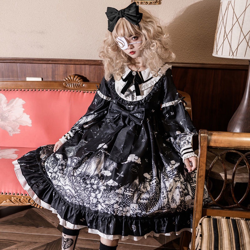 Đầm dài tay phong cách lolita gothic màu tối cá tính dành cho nữ