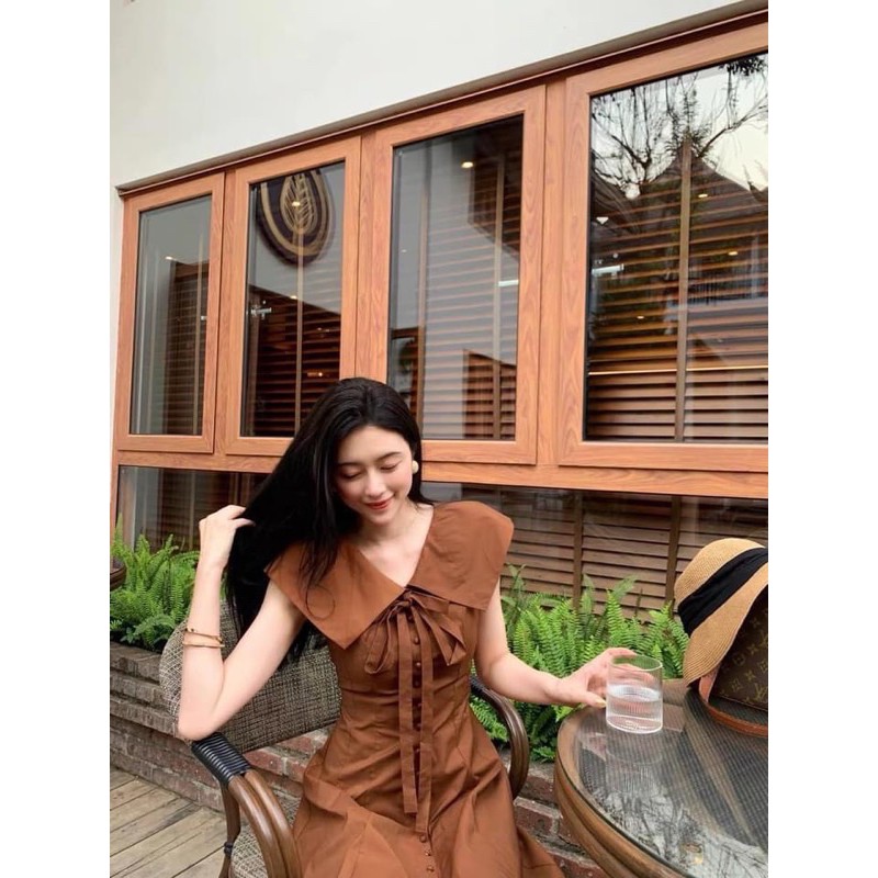 {Có Sẵn}Váy thô nâu cổ nơ vạt bèo sát nách kèm video+ hình thật | BigBuy360 - bigbuy360.vn