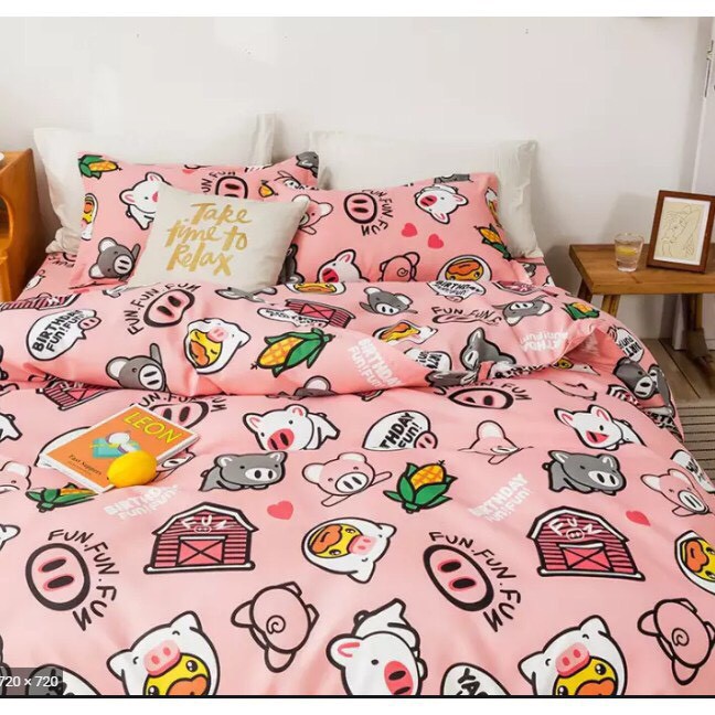 Bộ 5 món vỏ bọc mền  và ga kèm 3 vỏ gối mẫu Heo Hồng  poly cotton