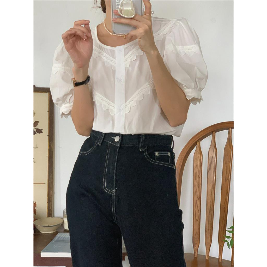 Set Áo Sơ Mi Tay Ngắn Phối Ren + Chân Váy Yếm Denim Phong Cách Hàn Quốc Thời Trang 53415