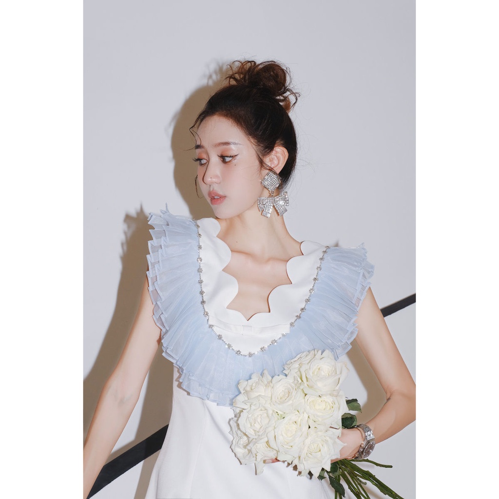 Phong Cách mới!F &amp; X Đầm Hai Dây Ngắn Lưng Cao Viền Gợn Sóng Bằng Vải Organza Nhẹ Nhàng Quyến Rũ Cao Cấp Kiểu Pháp Ngọt Ngào Thời Trang Mùa Hè Dành Cho Nữ