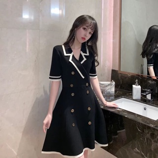 bigsize Đầm cổ vest phối cúc viền màu len montoghi tay ngắn