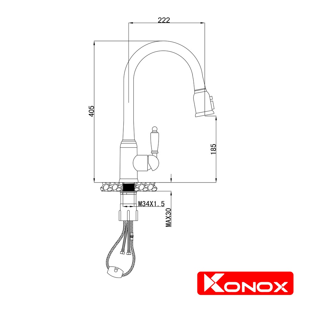 Vỏi rửa bát rút dây KONOX KN1905 hợp kim đồng 61% tiêu chuẩn Châu Âu CW617N, bề mặt xử lý công nghệ PVD Chrome 5 lớp