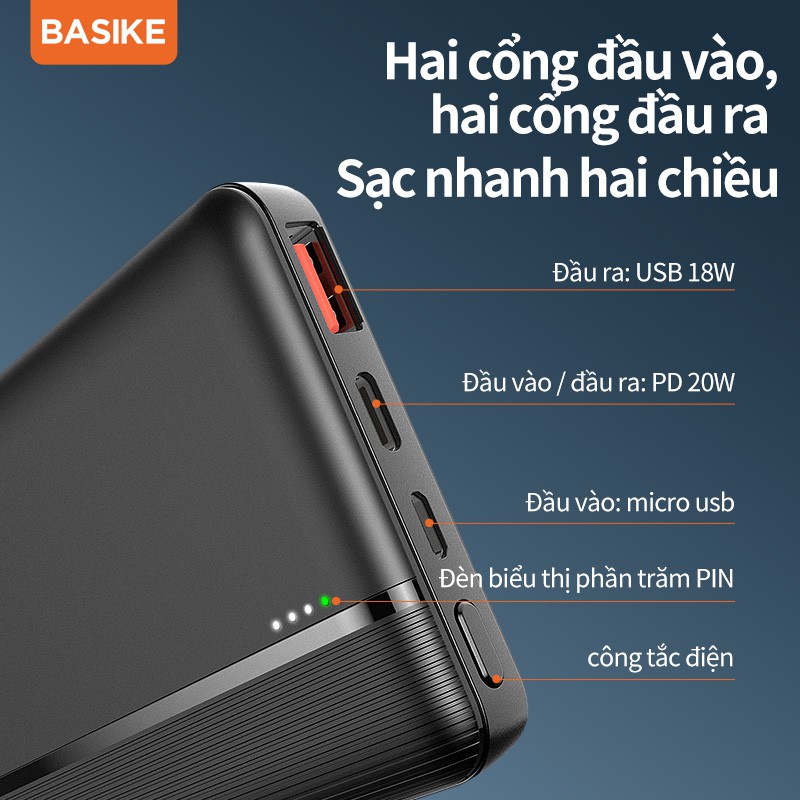 Sạc Dự Phòng BASIKE PT108D 10000mAh PD22.5W 2 Cổng USB Cho iPhone Huawei Samsung Xiaomi Oppo Vivo Realme