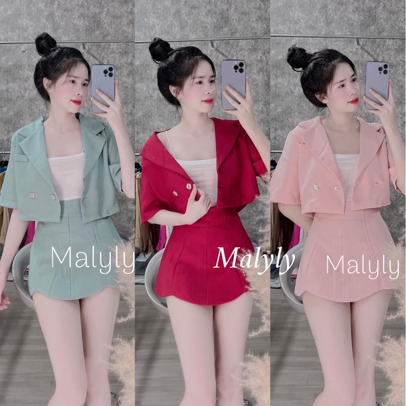 Set vest ba món tay ngắn chân váy gợn sóng