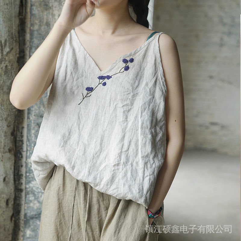 Hàng Mới Về Áo Thun Cotton 100% Không Tay Màu Trơn Thêu Họa Tiết Phong Cách Cổ Điển Cho Nữ