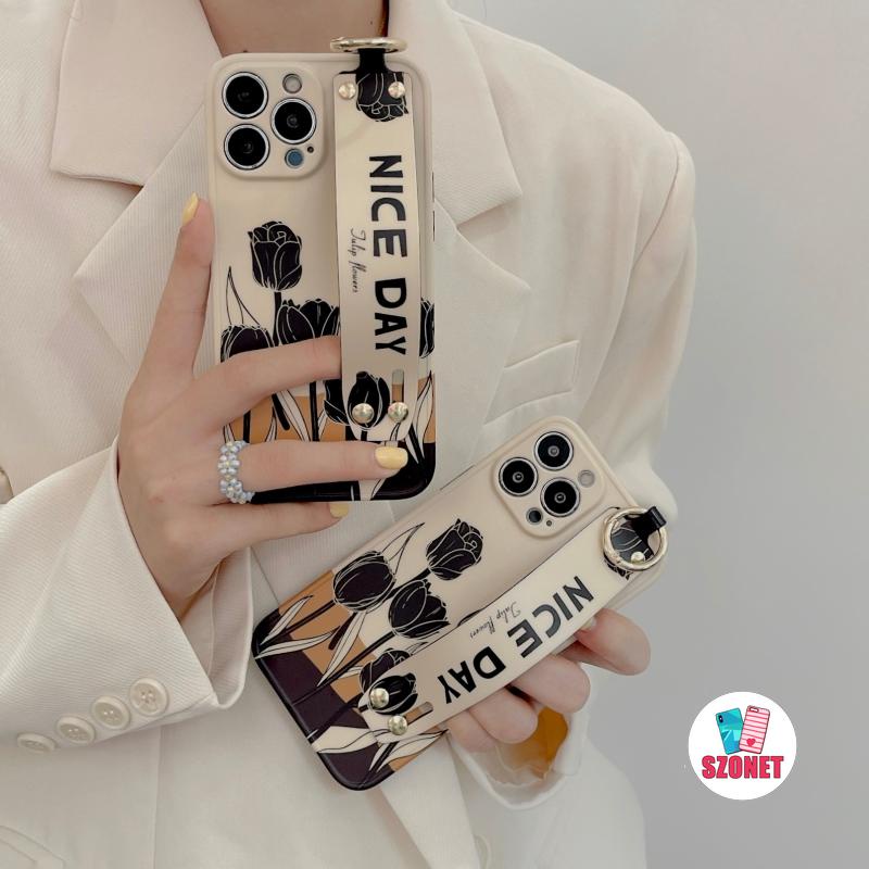 Ôp Điện Thoại Dẻo Họa Tiết Hoa tulip Kèm Vòng Đeo Tay & Khung Bảo Vệ Camera Cho iphone 15 14 13 12 11 pro max 15 plus Ốp