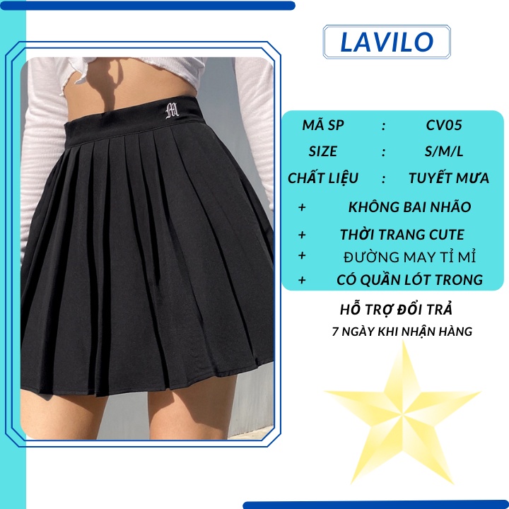 Chân Váy Xếp Ly ngắn Cạp Cao Thêu Họa Tiết Có Lót Quần Bên Trong LAVILO CV05