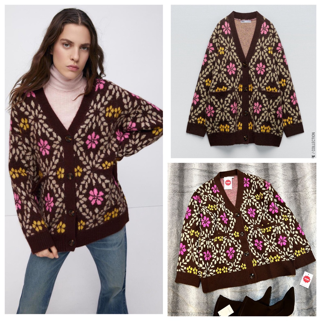 Len Cardigan ZR Màu Nâu Hoa Tím Dư Xịn