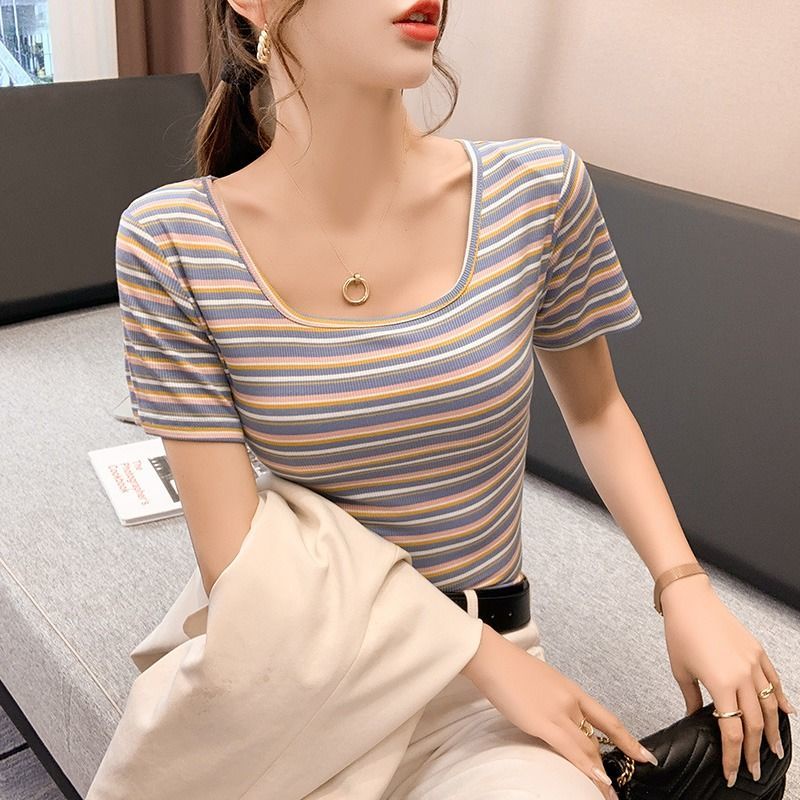 Áo Thun Cotton Cổ Vuông Ngắn Tay Họa Tiết Kẻ Sọc Thời Trang Mùa Hè Hàng Mới Dành Cho Bạn Nữ 2022