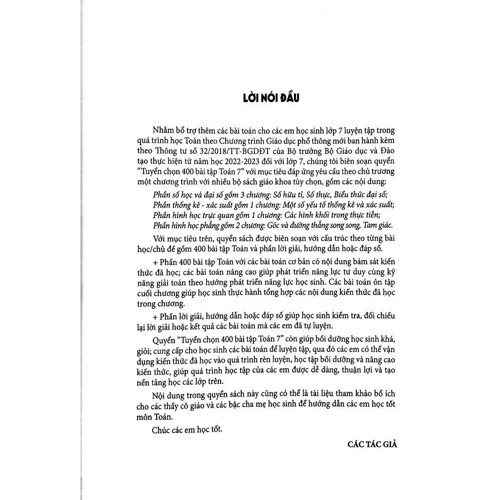 Sách Tuyển Chọn 400 Bài Tập Toán 7 (Theo Chương Trình GDPT Mới - Dùng Chung Cho 3 Bộ Sách)