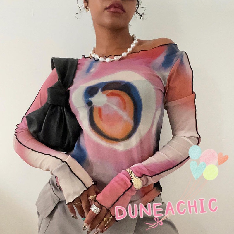 DUNEA Áo Thun Tay Dài In Họa Tiết Phối Lưới Thời Trang Cho Nữ