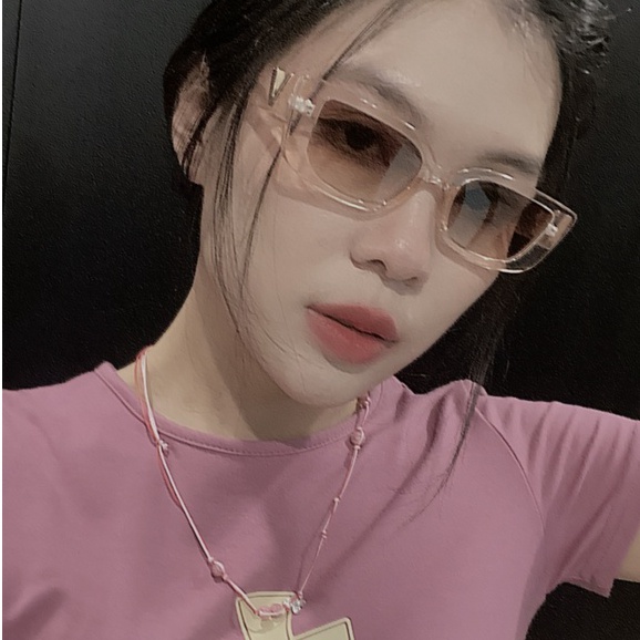 Kính mát hình vuông gọng màu da trong suốt tròng màu nâu chống UV 400 vintage ảnh thật