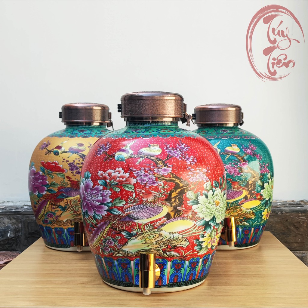 Bình gốm đựng rượu Bách Điểu Triều Phụng bình rượu gốm 5L 10L vòi Inox 304 chống tắc