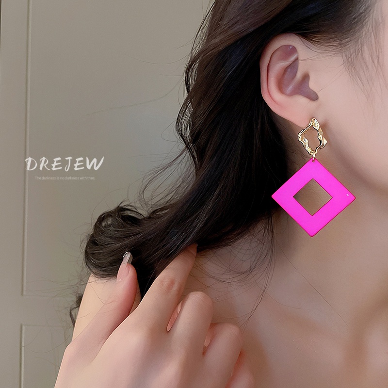DREJEW Khuyên tai hình học màu bạc / hồng / đỏ phong cách thời trang cá tính