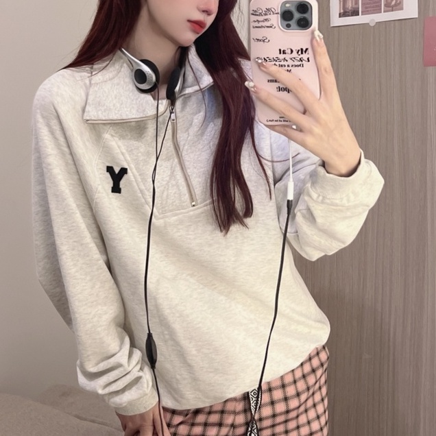 ZHELIHANGFEI Áo Thun POLO Tay Dài Có Dây Kéo Với Họa Tiết Thêu Theo Phong Cách Preppy Hợp Thời Trang