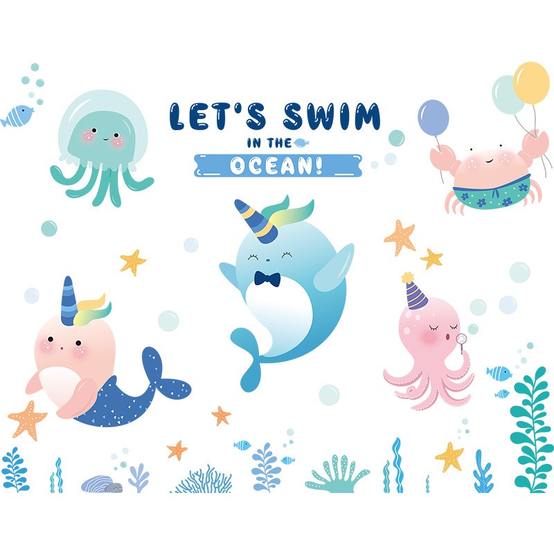 Decal trang trí phòng tắm cho bé LET'S SWIM kích thước 110x85cm