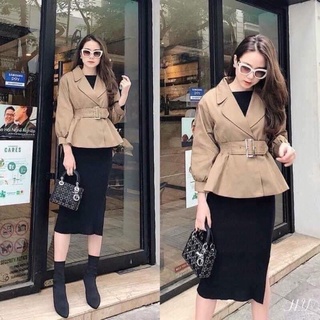 Áo khoác kaki cổ vest sang chảnh kèm đai tay bồng