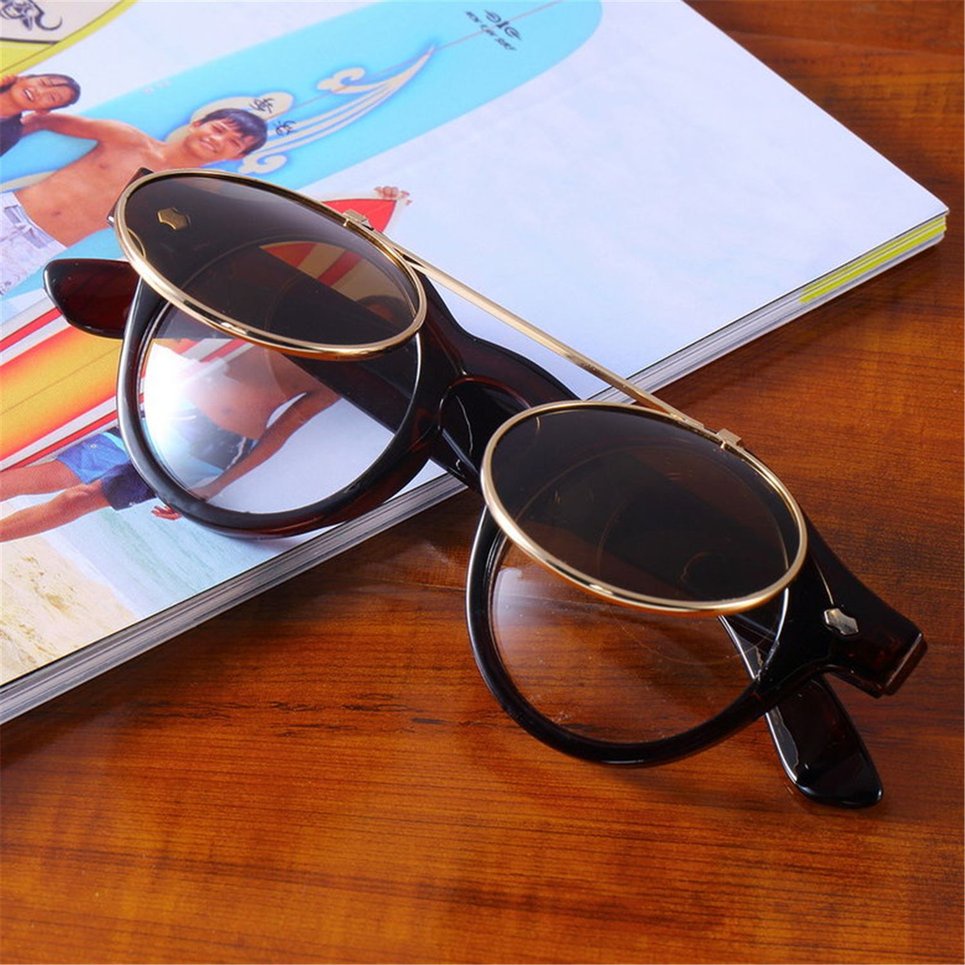 Classic Steampunk Goth Glasses Goggles Round Flip Up Sunglasses Round Eyeglass