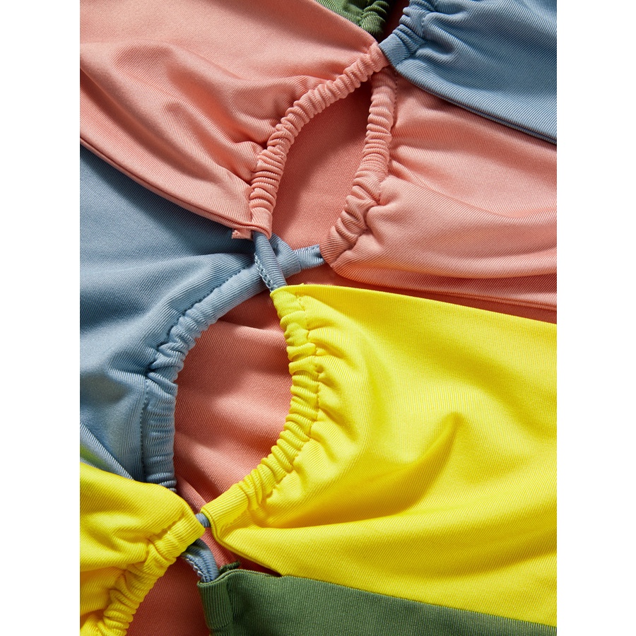 LD-Ladies Hollow Short Dress, Summer Women Leisure Style Contrast Color Splicing Hanging Neck Drawstring Tie Up Slim