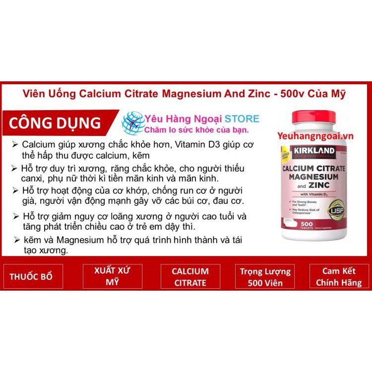 Canxi, Magie, Zinc and Vitamin D3 500 viên của Kirkland Mỹ.