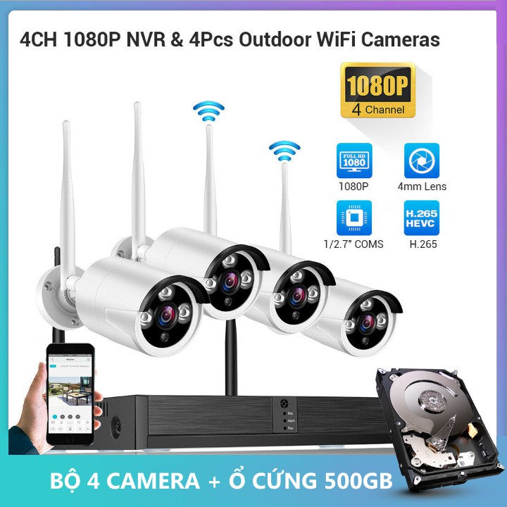 Bộ 4 Camera WIFI 1080P 3 Led + Đầu Ghi NVR HD + Tặng Ổ Cứng Lưu Trữ 500GB