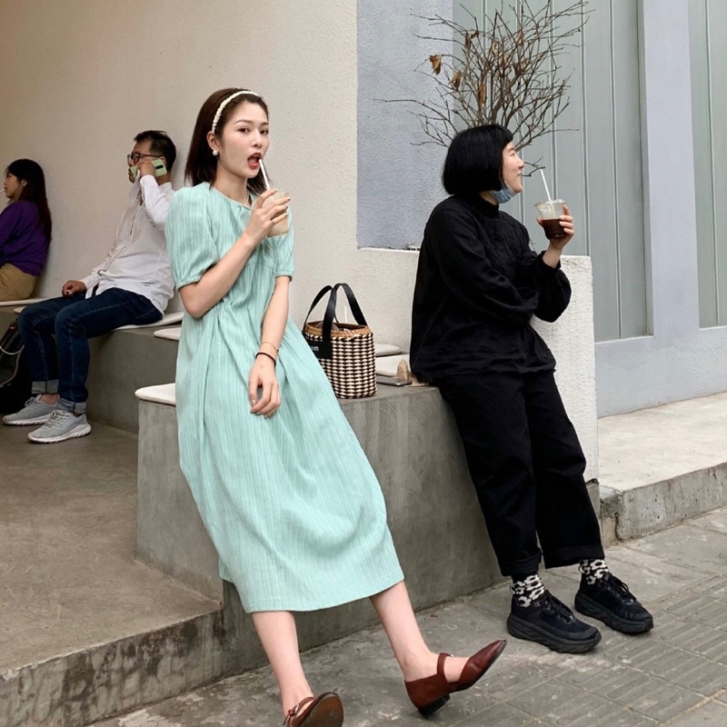 Váy Babydoll cổ tròn tay phồng xanh ngọc Xanh Mint hàng đẹp Đầm suông dáng dài phong cách Hàn quốc dành cho nữ